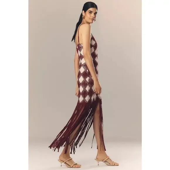 New Anthropologie Saylor Dragana Halter Crochet Fringe Midi Dress $286 XS - Picture 3 of 5